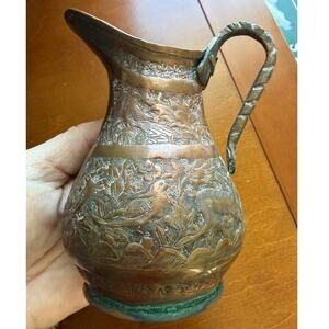 Antique Hand Hammered Pitcher Jug Globular Copper Small Metal Deer Bird Motif
